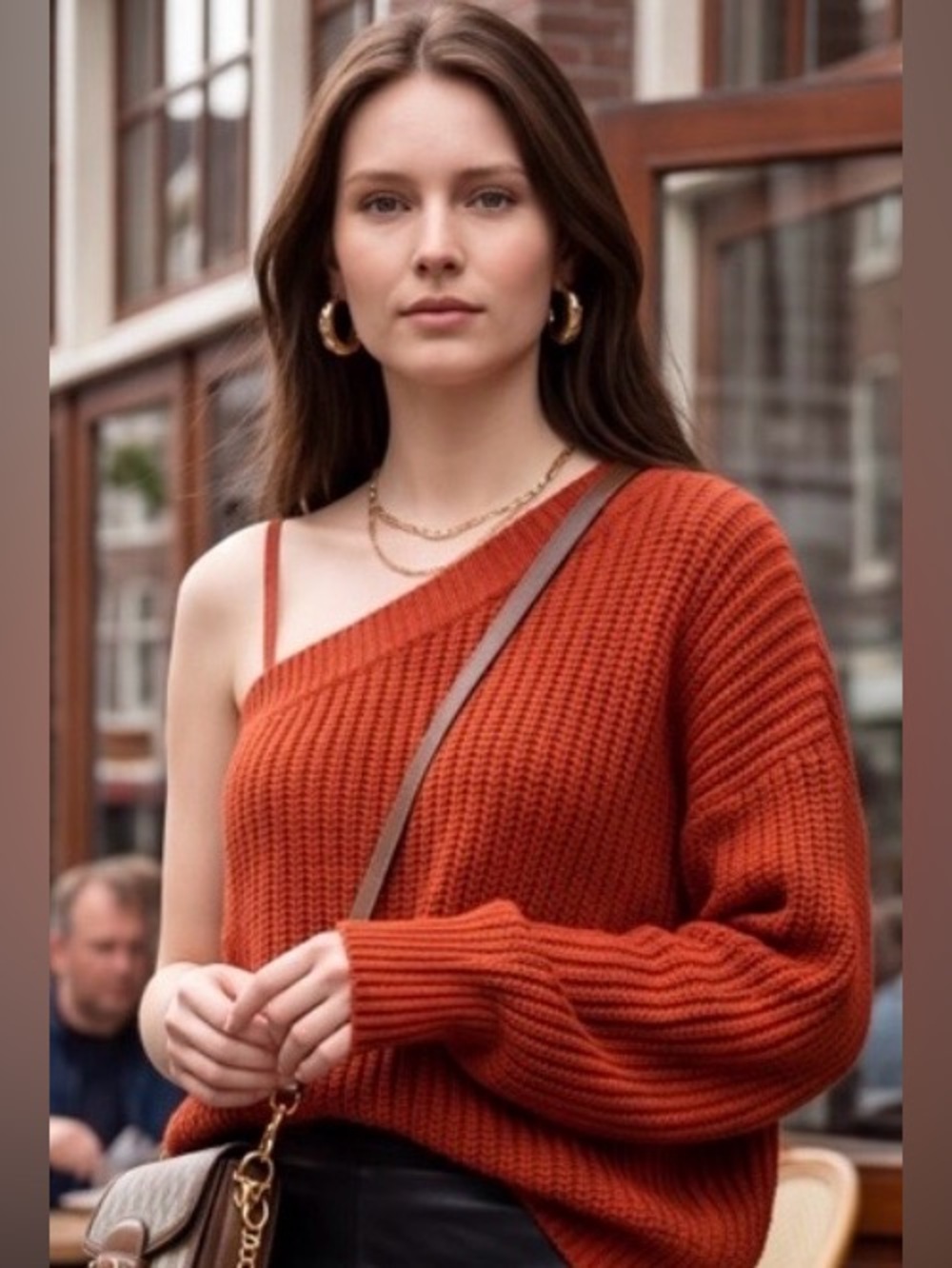 Zara Burnt Orange Off Shoulder One-Sleeve Knit Sweater